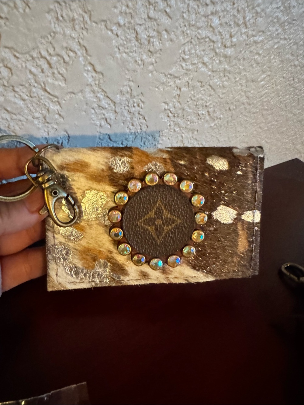 Keep it Gypsy Upcycled Cowhide Key Card Holder with Rhinestone Trim